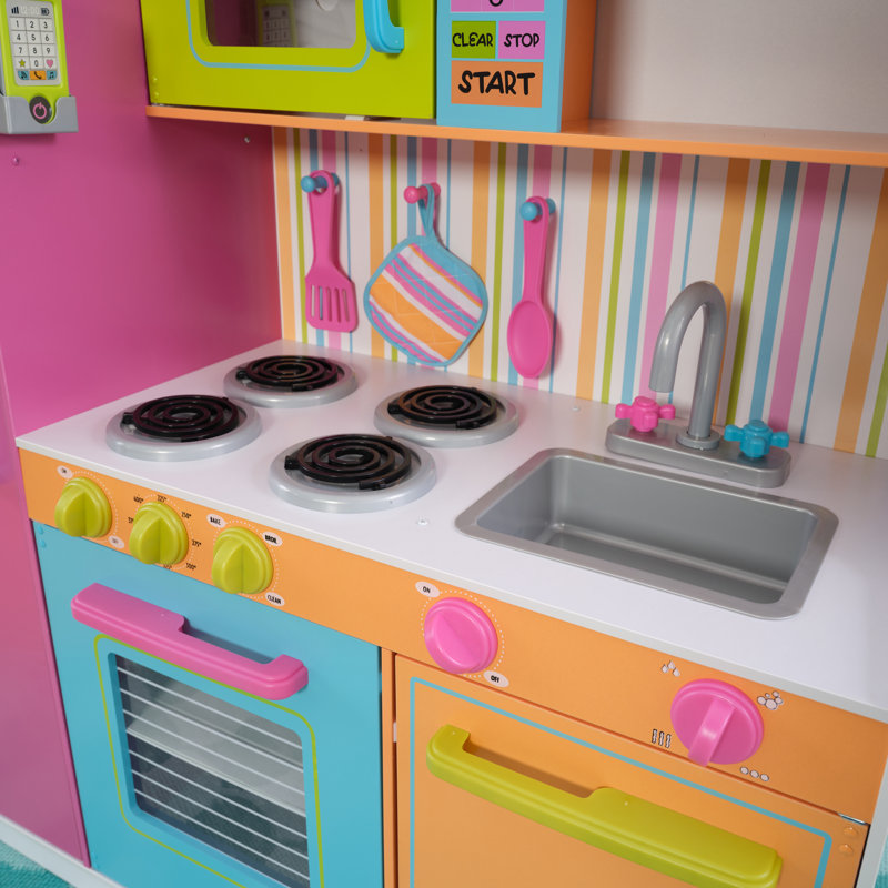 Deluxe Big and Bright Wooden Play Kitchen with Play Phone Neon Colors